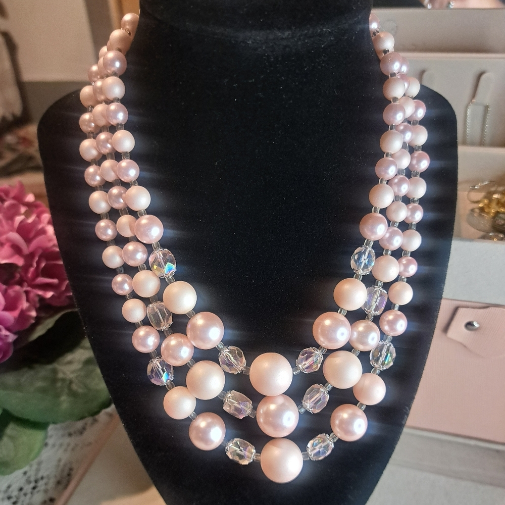 Vtg Triple Strand Faux Pink Pearl And Beaded Necklace Made In Japan